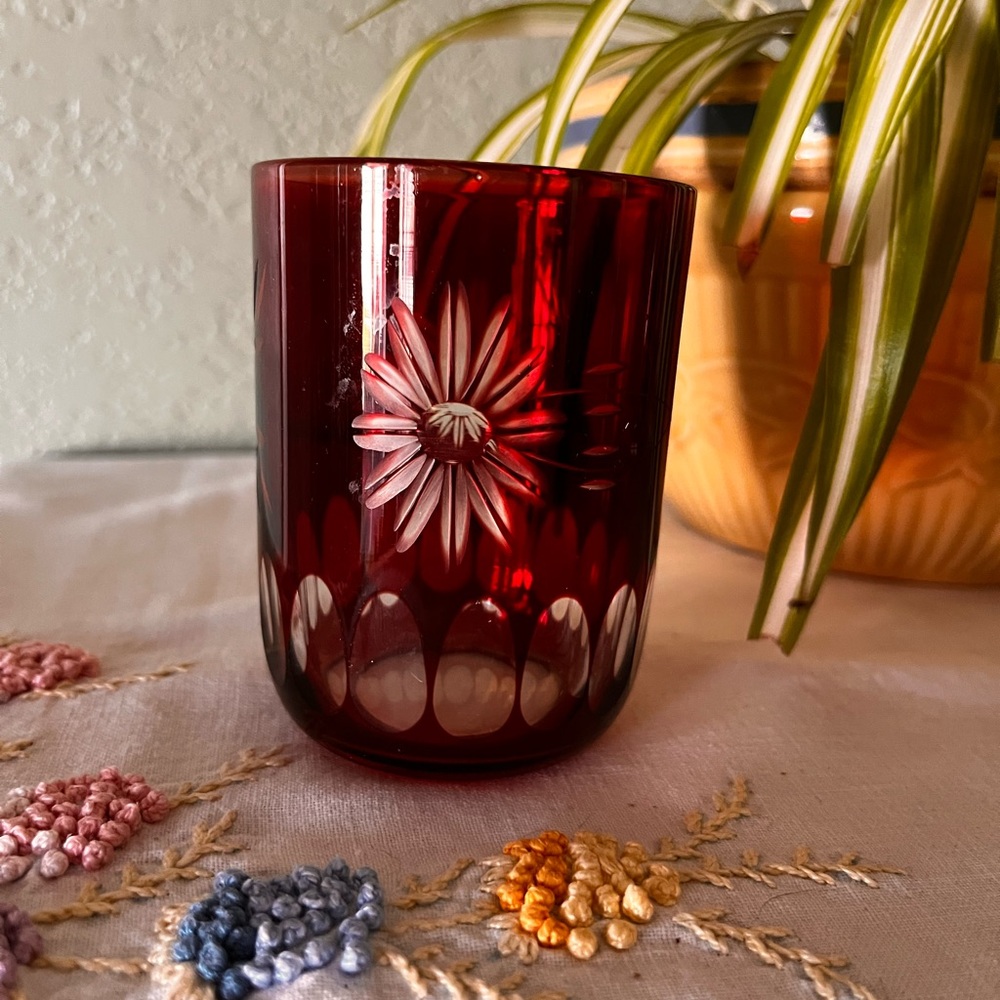 Vintage Bohemian Ruby Red Cut Daisy Tumbler Czech Hand Cut Crystal Glass